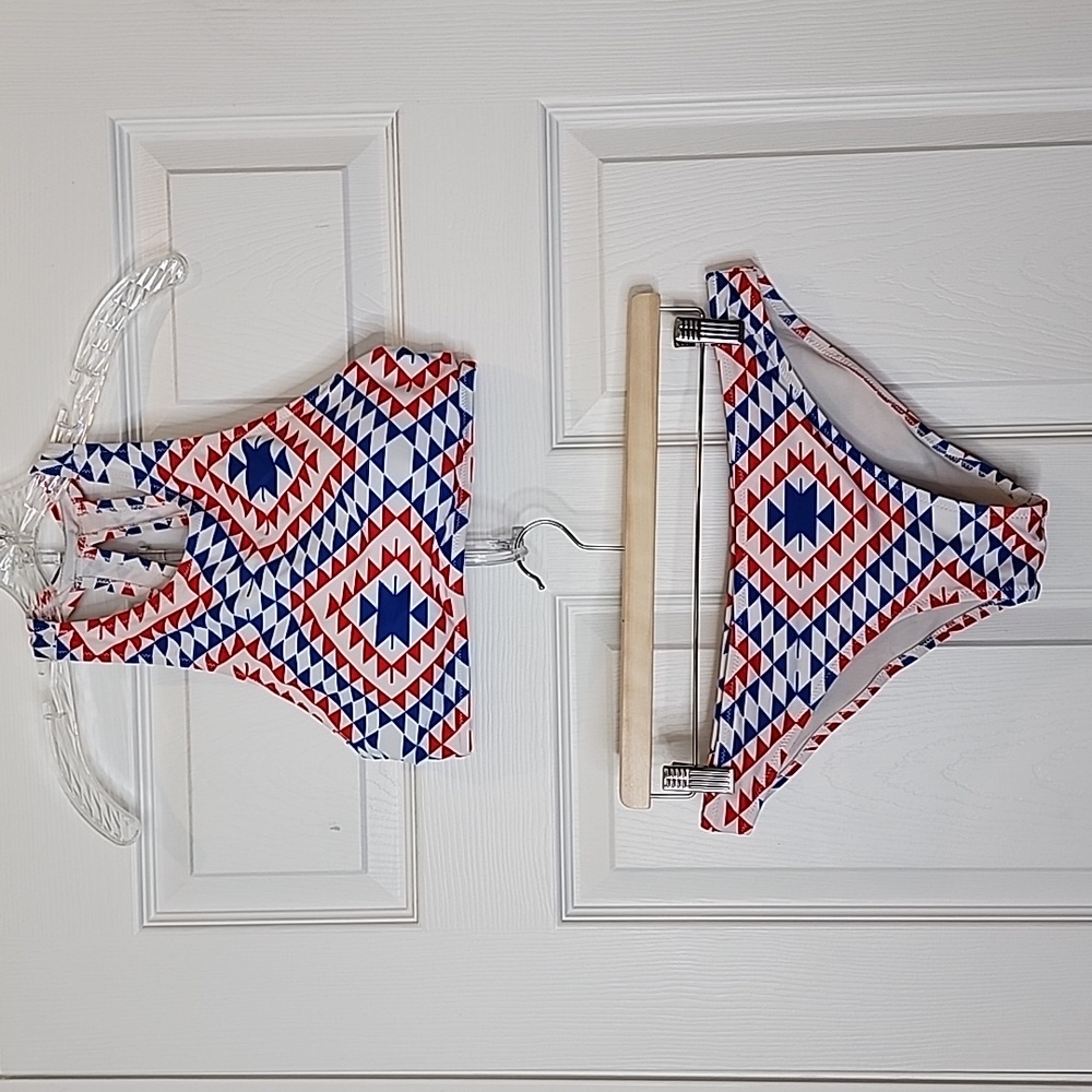 Cupshe 2 Piece Halter Neck Red White & Blue Aztec Print Bikini Set, Size Small